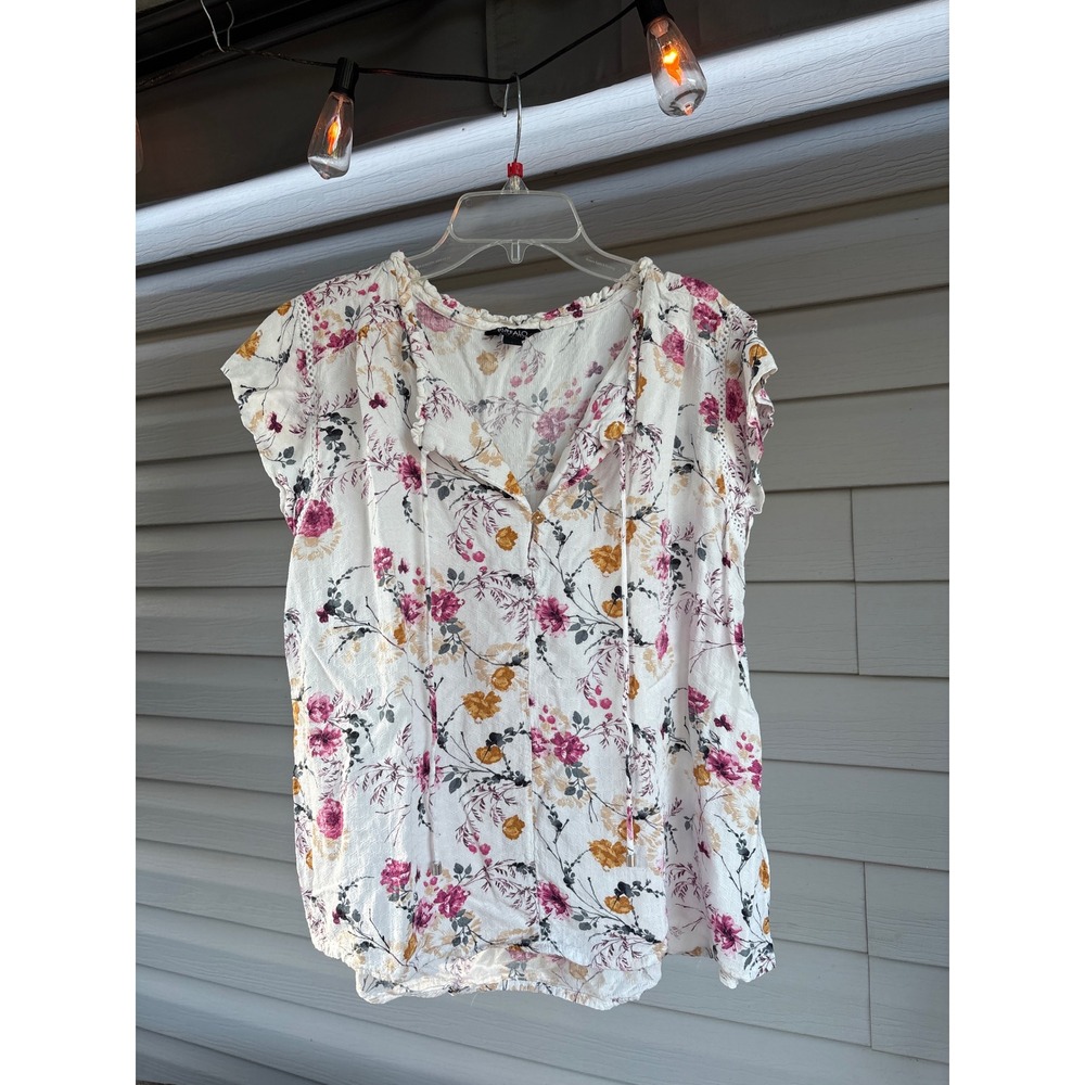 Buffalo David Bitton Floral Cap Sleeve Blouse White Pink Gold Large